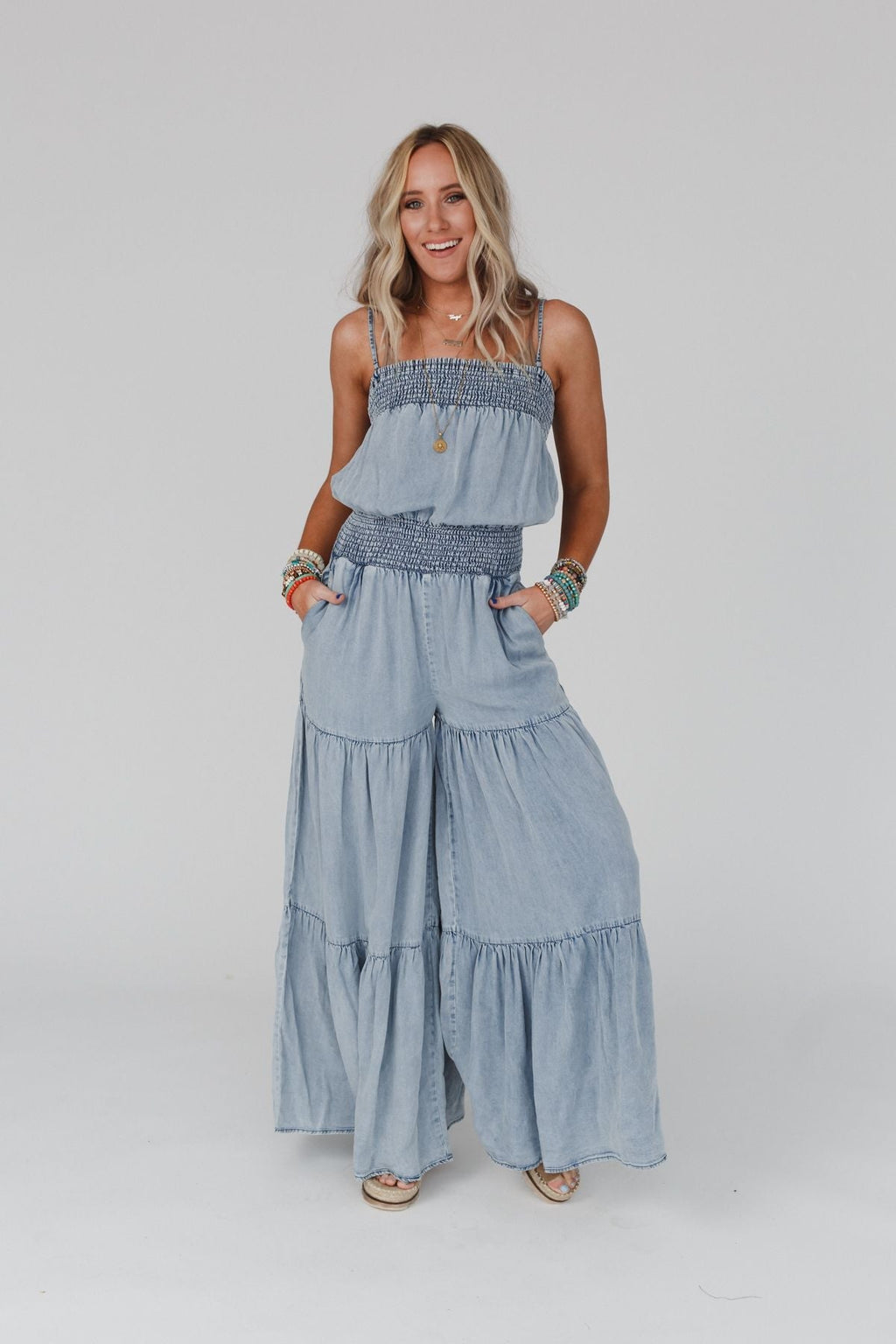 Harlow Wide Leg Chambray Jumpsuit - Faded Blue