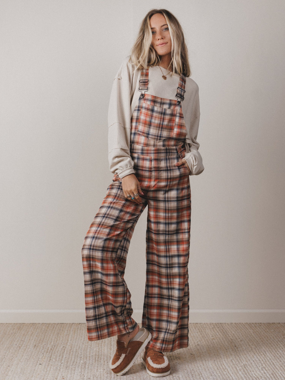 Perfectly Plaid Overalls - Latte - Pre Order