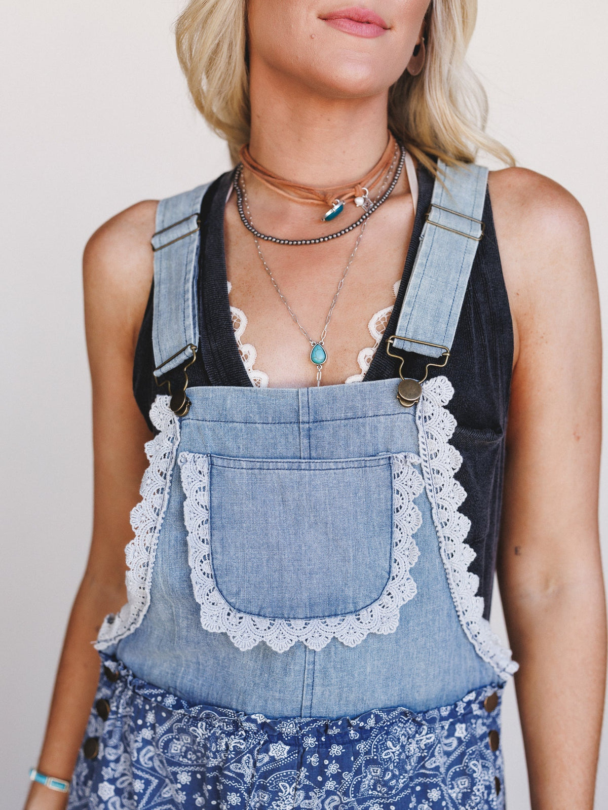 Sunset Paisley Tiered Overalls - Denim