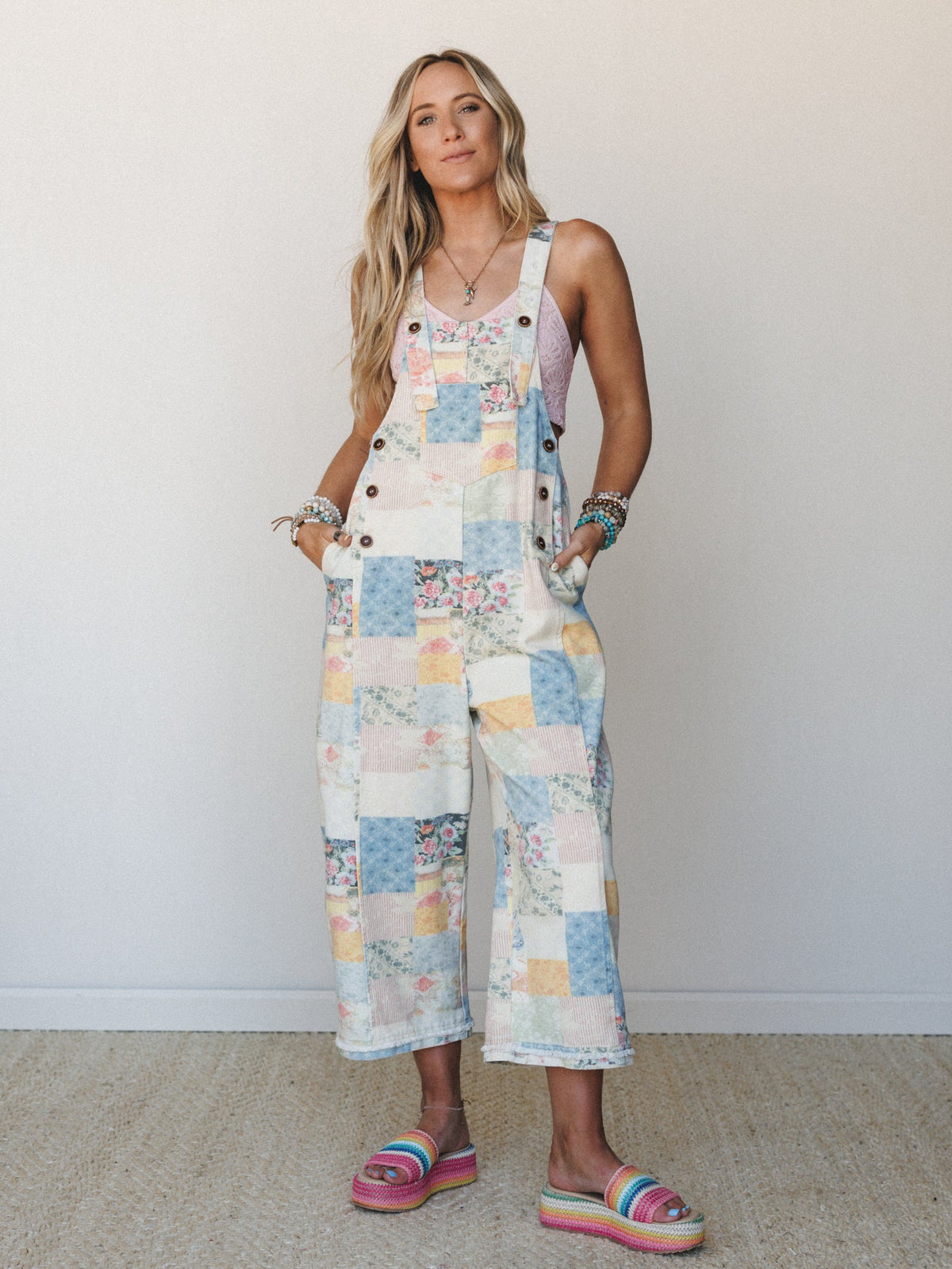 Floral Vines Patchwork Denim Overalls - Patchwork Denim