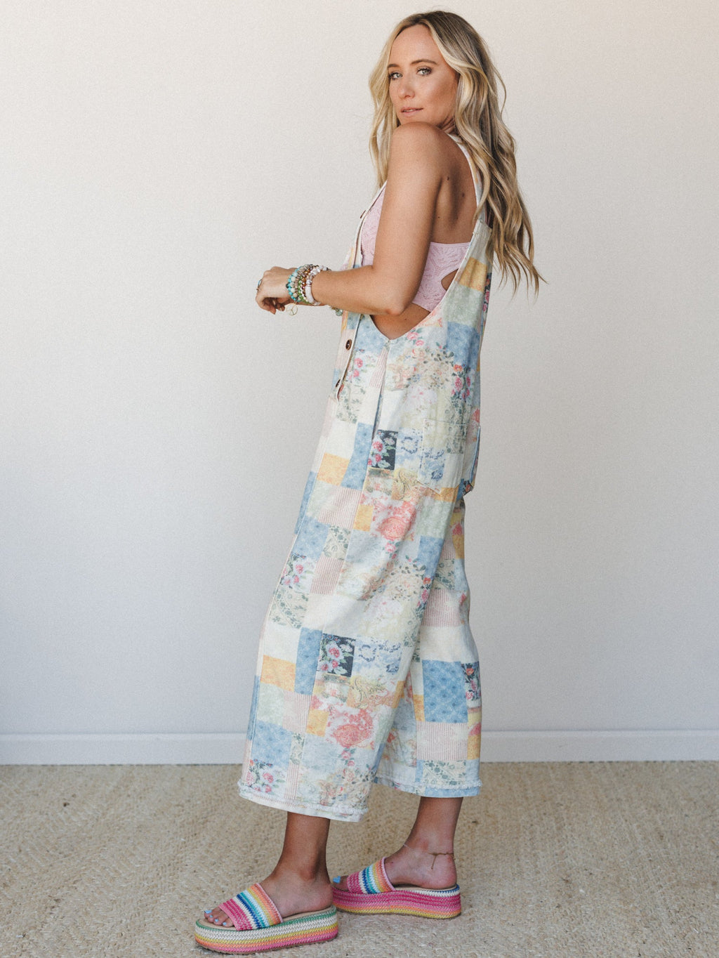 Floral Vines Patchwork Denim Overalls - Patchwork Denim