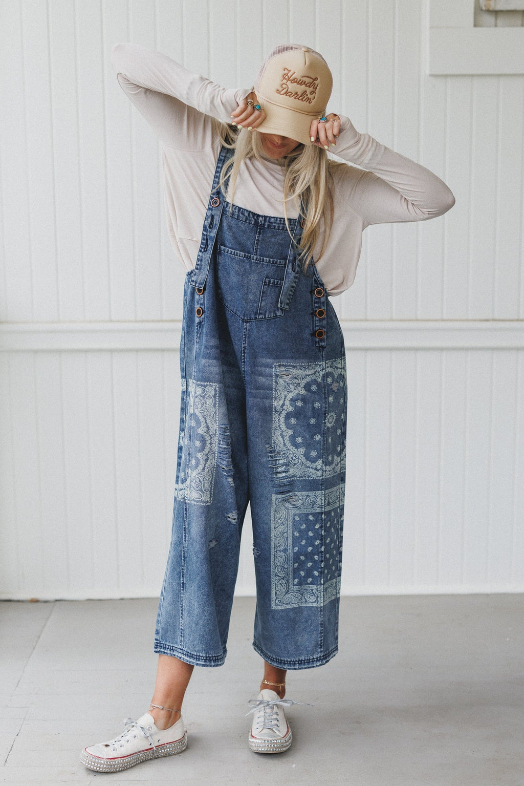 High Hopes Slouchy Denim Overalls - Faded Bandana