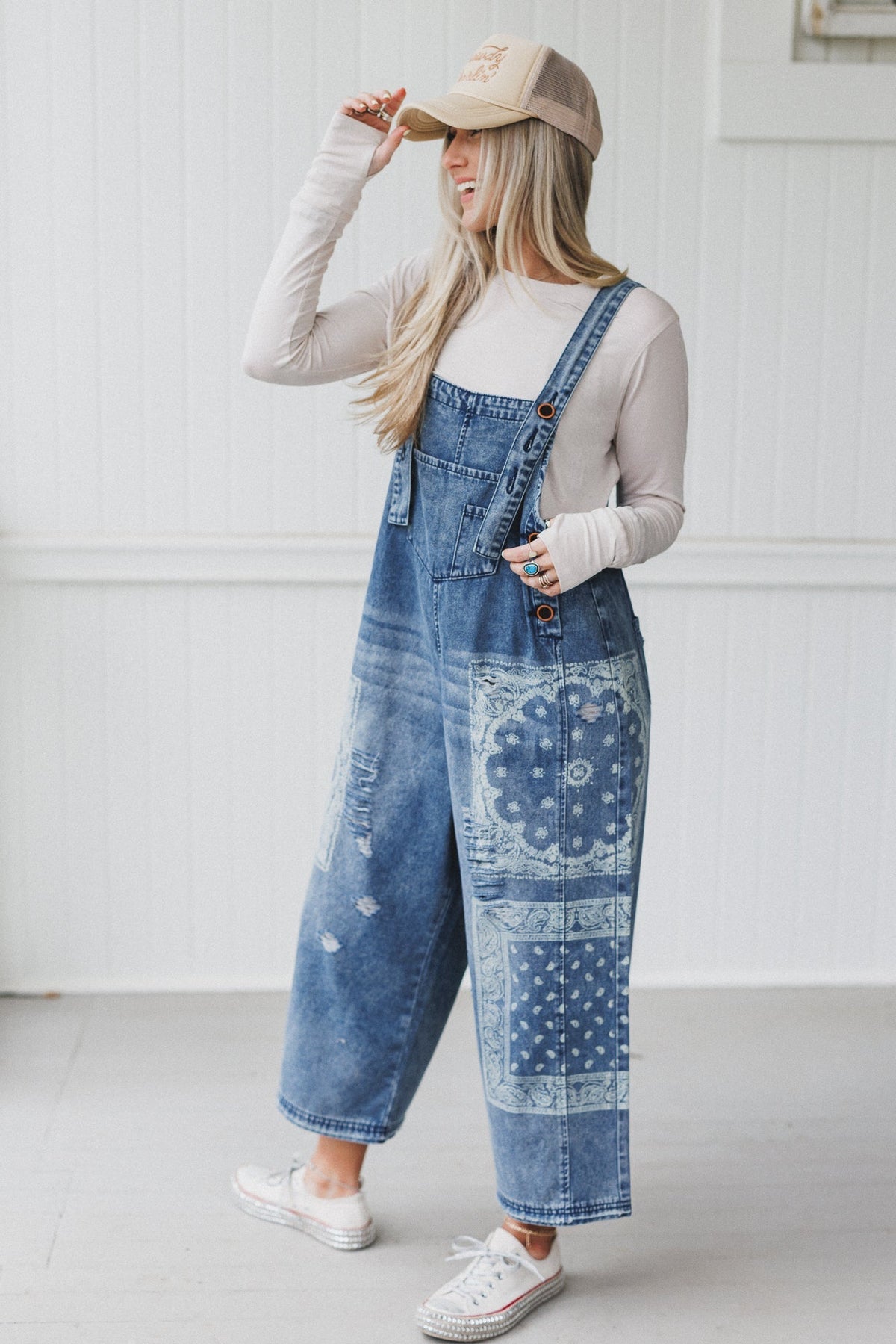 High Hopes Slouchy Denim Overalls - Faded Bandana