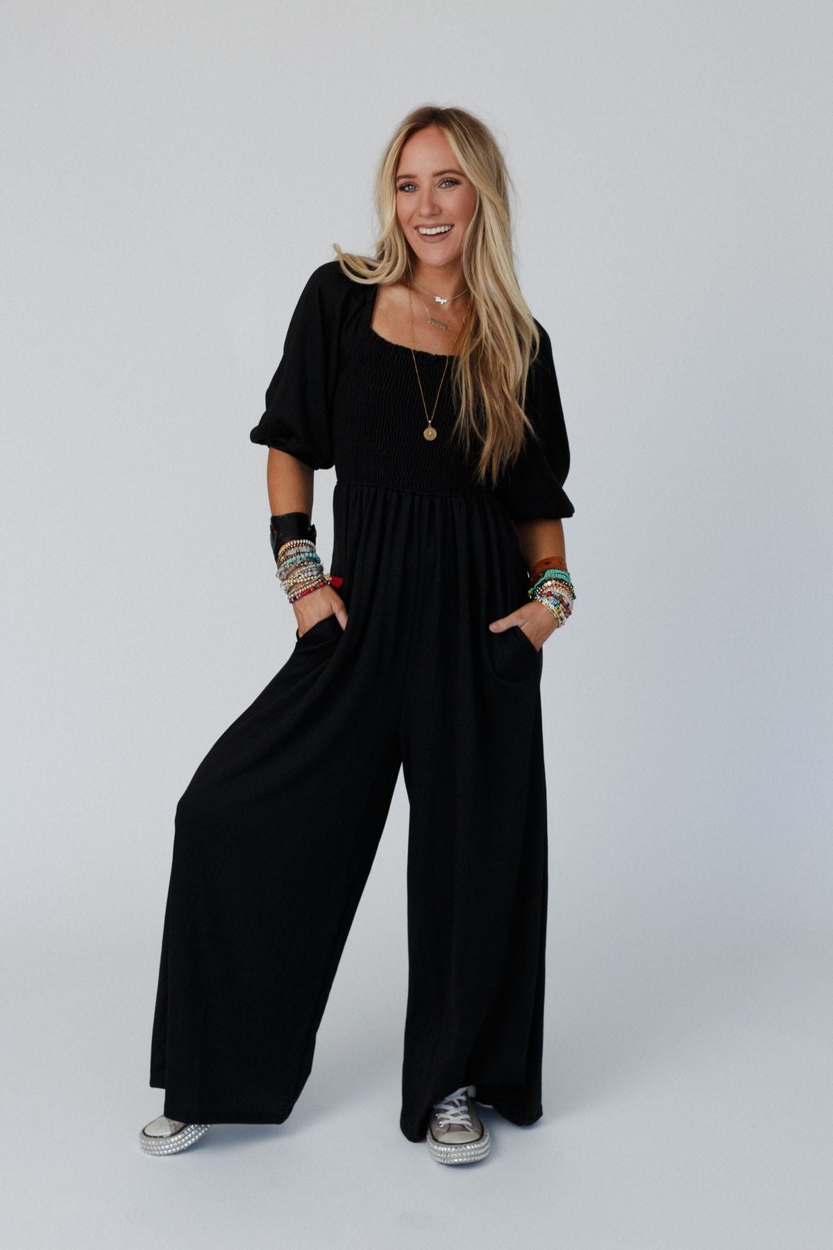 The Nest Nick Of Time Smocked Jumpsuit - Black - Pre Order