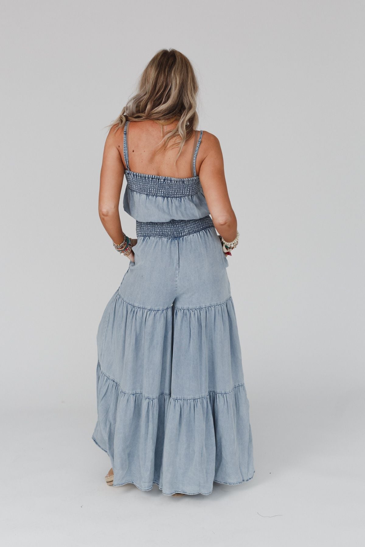 Harlow Wide Leg Chambray Jumpsuit - Faded Blue