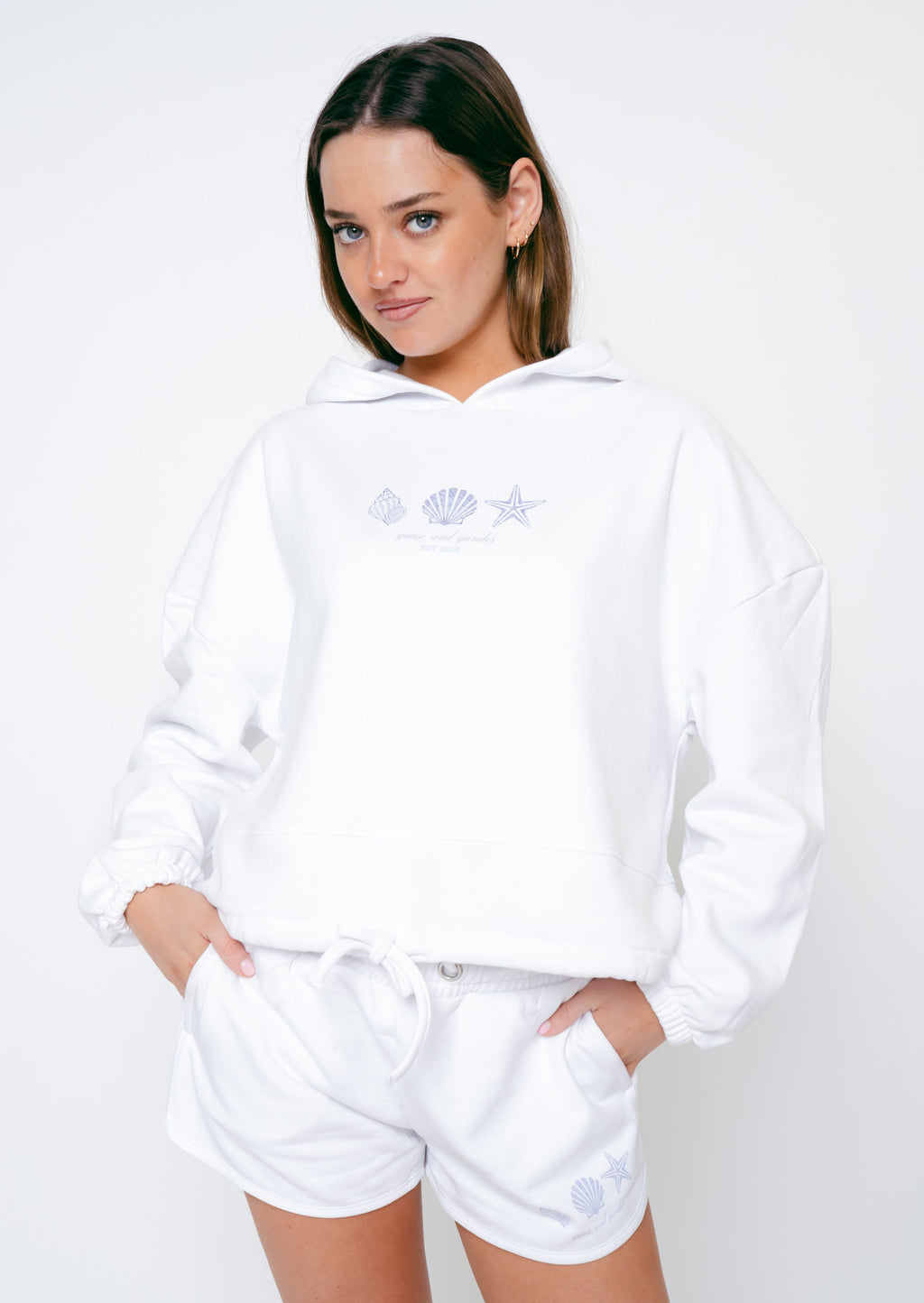 Nautical Print Cropped Hoodie - White