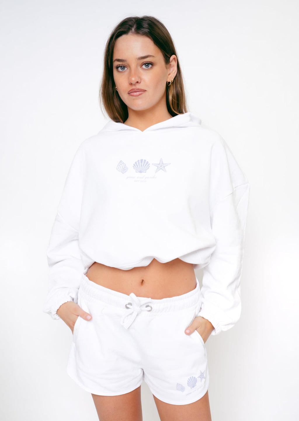 Nautical Print Cropped Hoodie - White