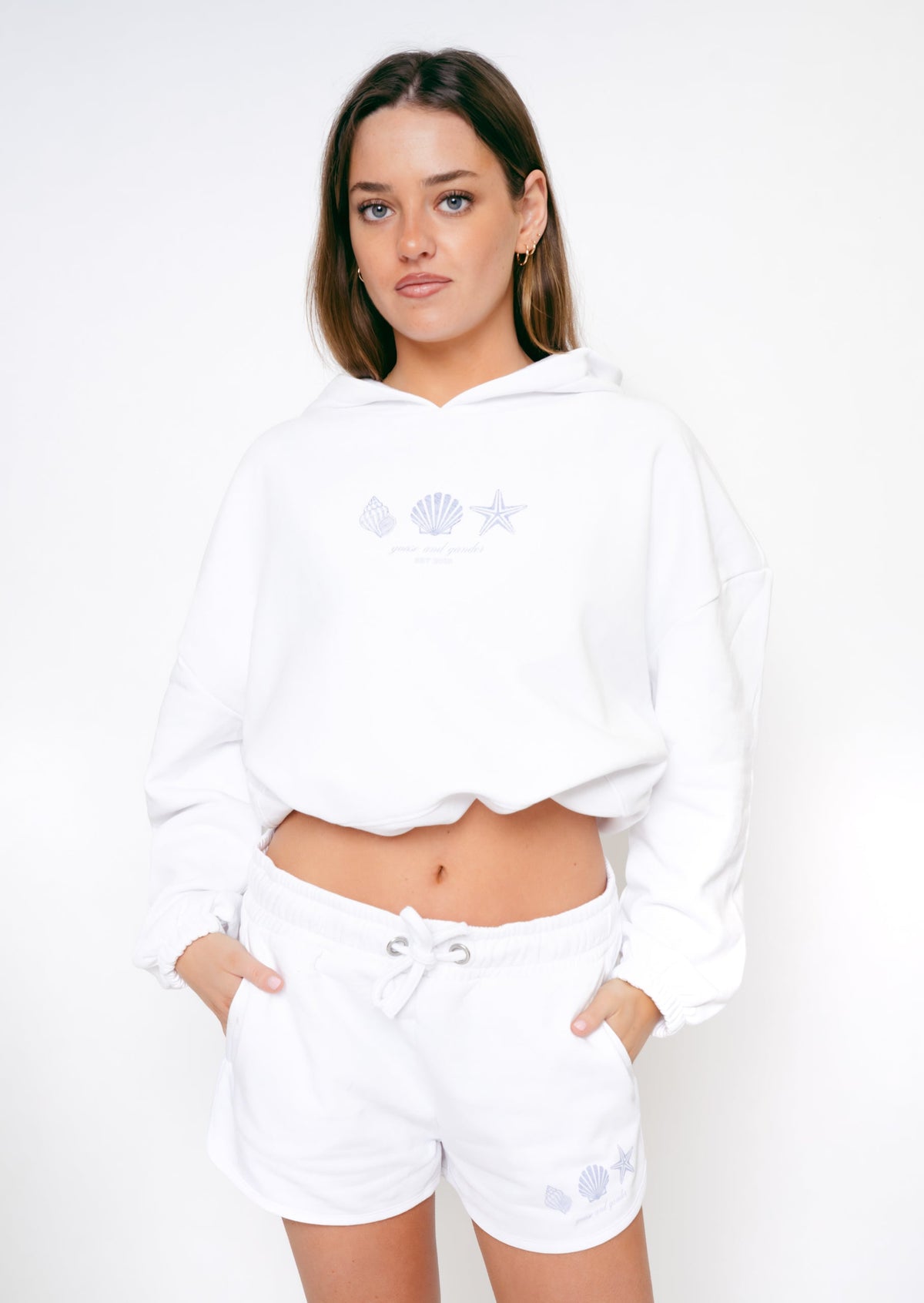 Nautical Print Cropped Hoodie - White