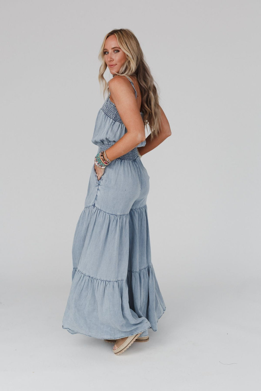Harlow Wide Leg Chambray Jumpsuit - Faded Blue