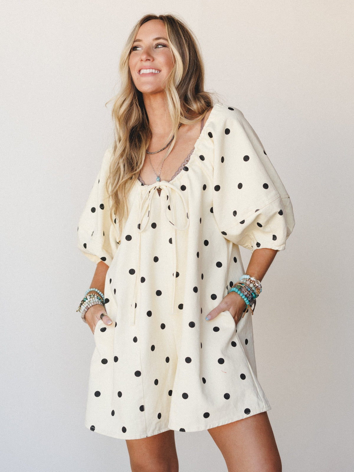 Honey Flower Polka Dot Romper - Light Yellow Black