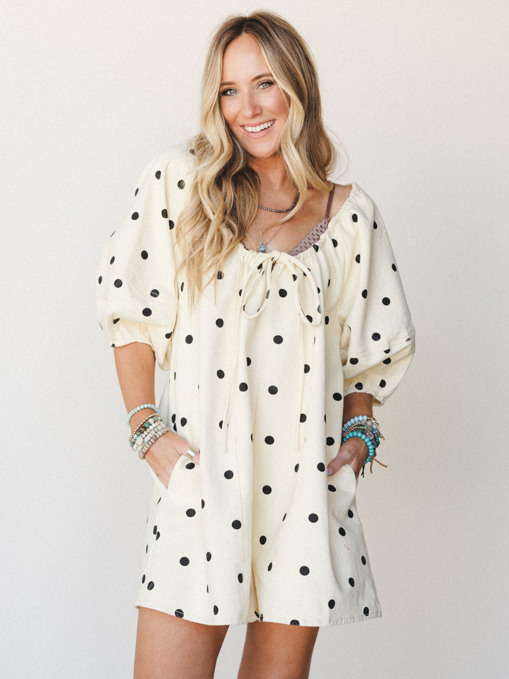 Honey Flower Polka Dot Romper - Light Yellow Black