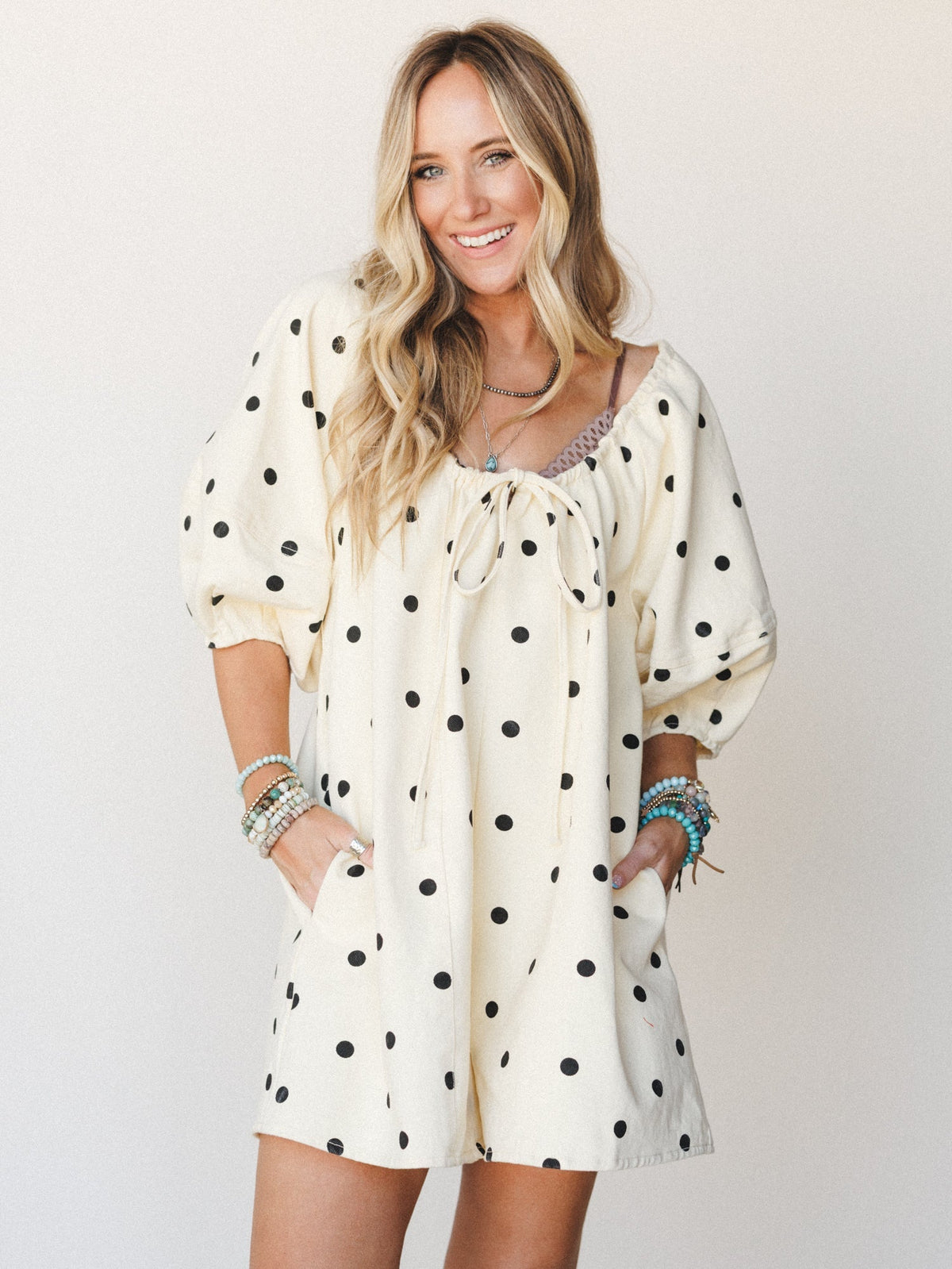 Honey Flower Polka Dot Romper - Light Yellow Black