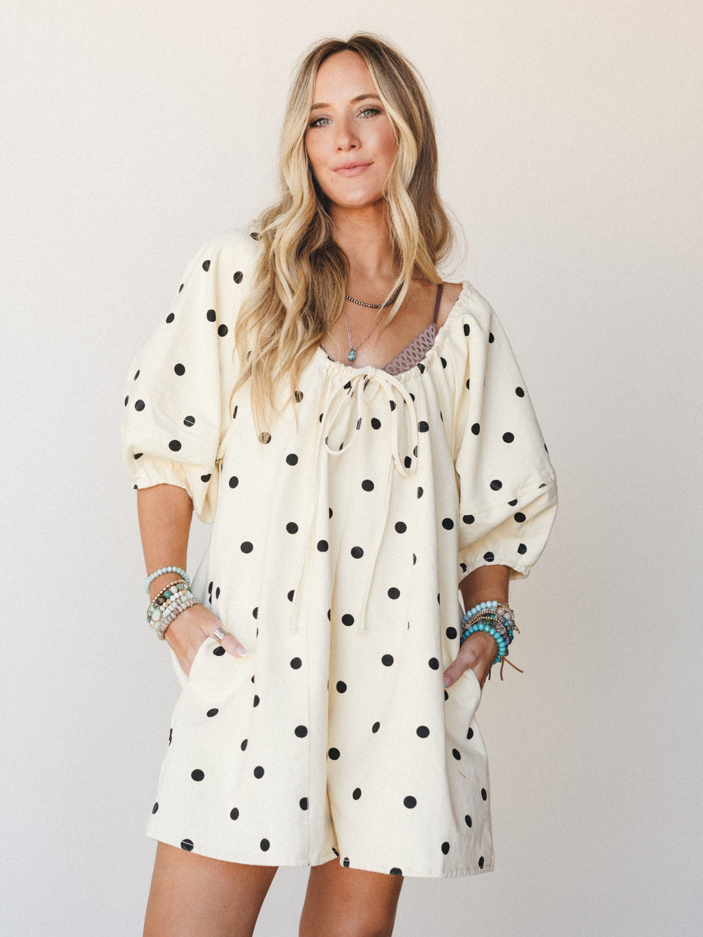 Honey Flower Polka Dot Romper - Light Yellow Black