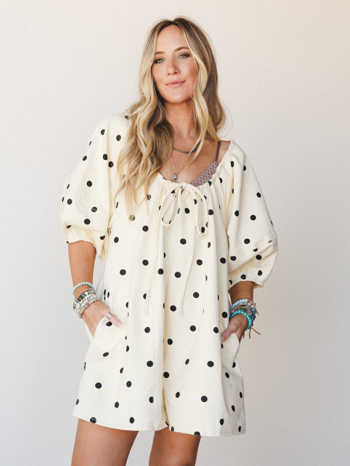 Honey Flower Polka Dot Romper - Light Yellow Black