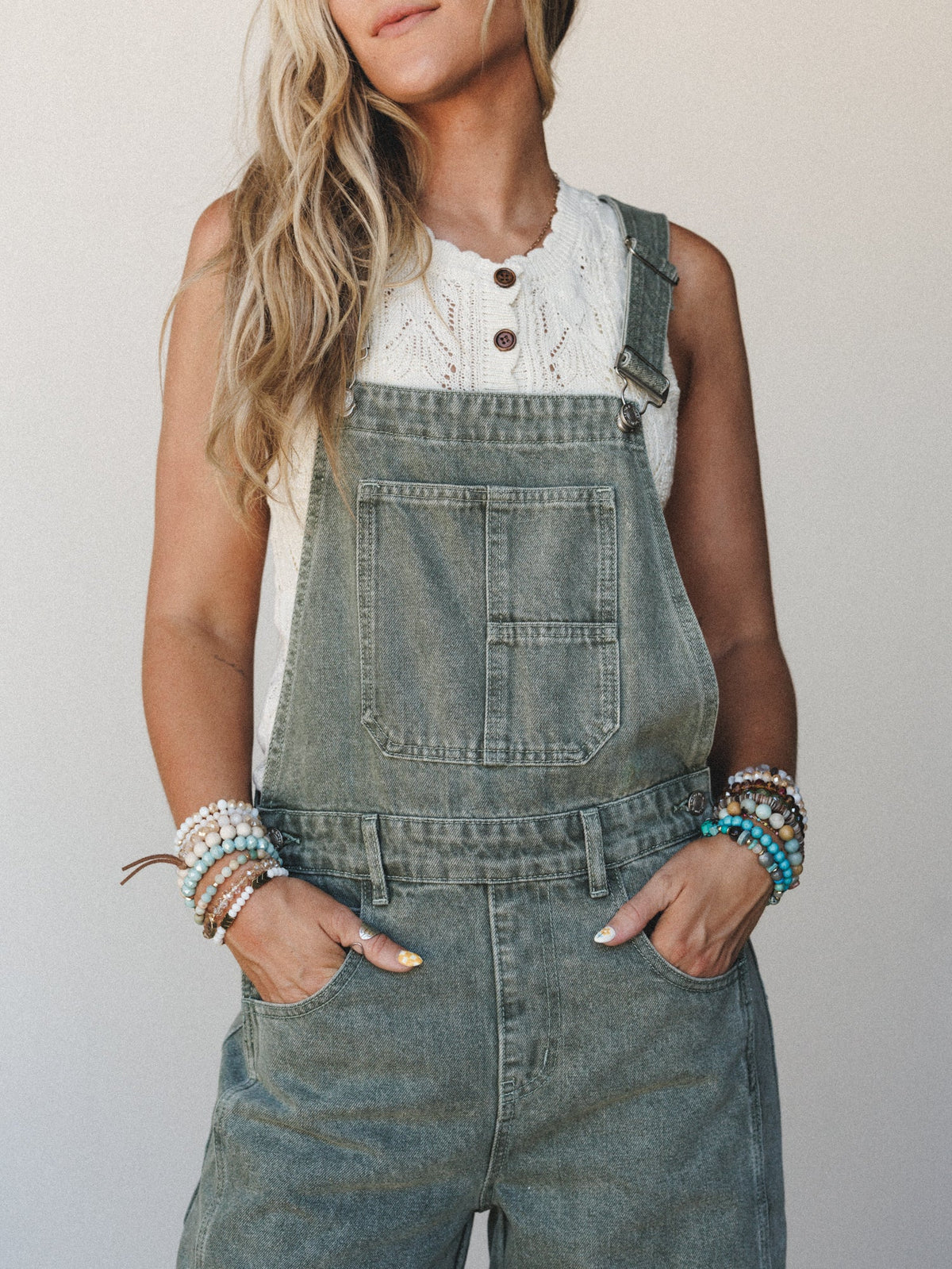 Sky Lines Denim Overalls - Olive