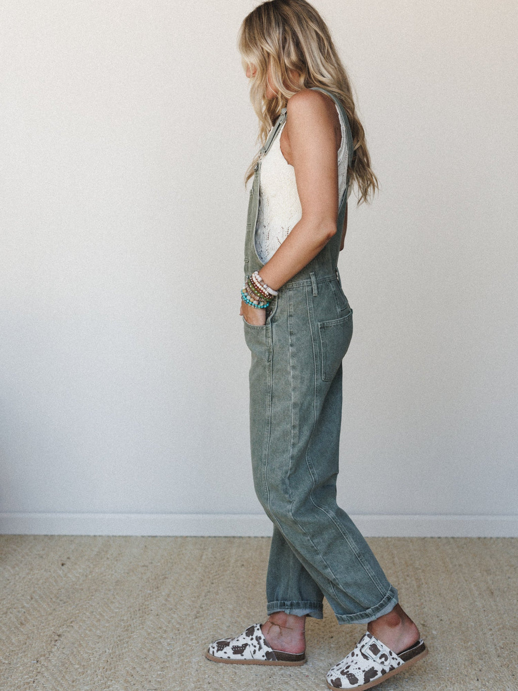 Sky Lines Denim Overalls - Olive