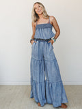 Harlow Wide Leg Chambray Jumpsuit - Blue - Pre Order