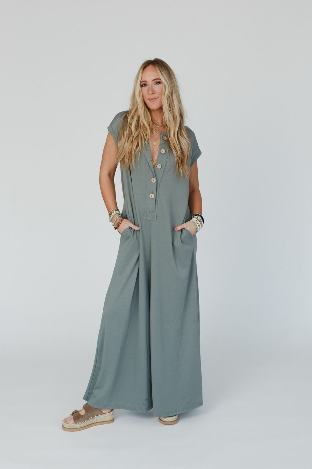 The Nest Davina Wide Leg Jumpsuit - Light Olive - Pre Order