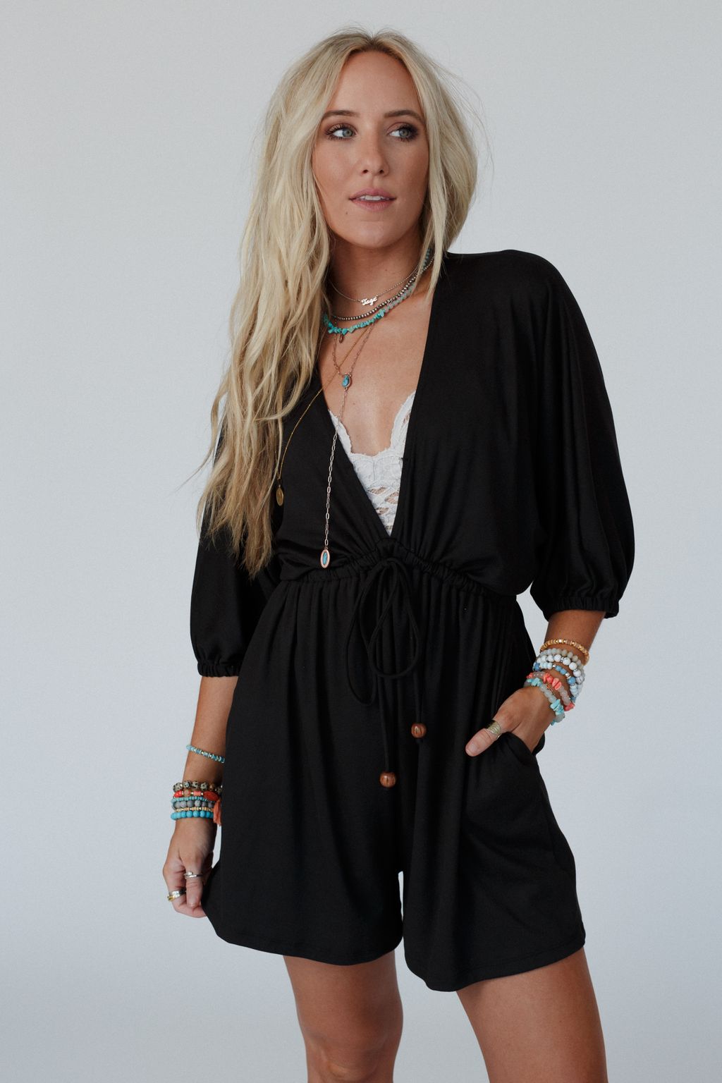 The Nest City Days Drawstring Romper - Black