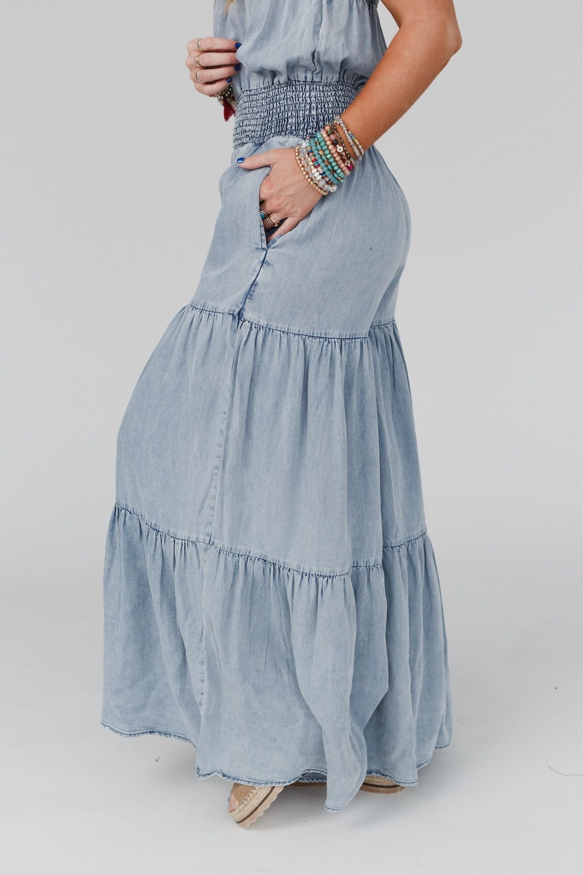 Harlow Wide Leg Chambray Jumpsuit - Faded Blue